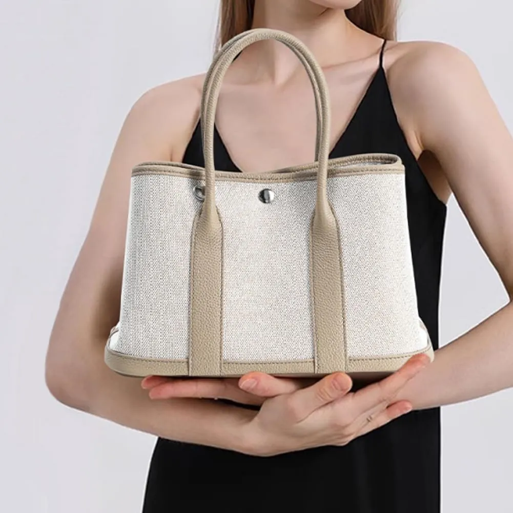 Portable Cowhide tote for women,Women's Bag Garden,Canvas With Top Layer Cowhide Countercolor Shoulder Tote Bag