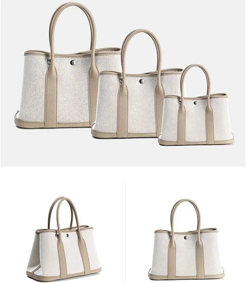 Portable Cowhide tote for women,Women's Bag Garden,Canvas With Top Layer Cowhide Countercolor Shoulder Tote Bag
