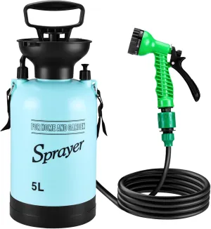Portable Pressure Sprayer Shower 5L for Camping with 7 Spray Modes, Hand Press Camping Shower with Hose and Shower Head, Hiking Traveling Shower Garden Sprayer Pet Shower Blue