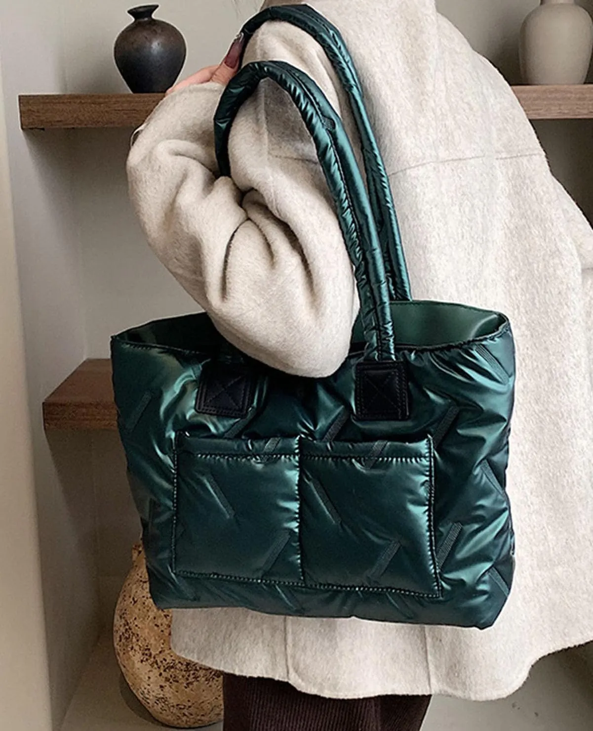 Puffer Tote Bag,Large Quilted Puffy Handbag Shoulder Bag Lightweight Satchel Purse for Travel, Work, Gym, Shop