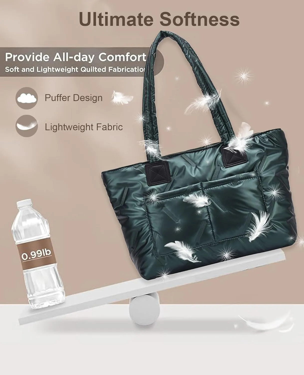 Puffer Tote Bag,Large Quilted Puffy Handbag Shoulder Bag Lightweight Satchel Purse for Travel, Work, Gym, Shop