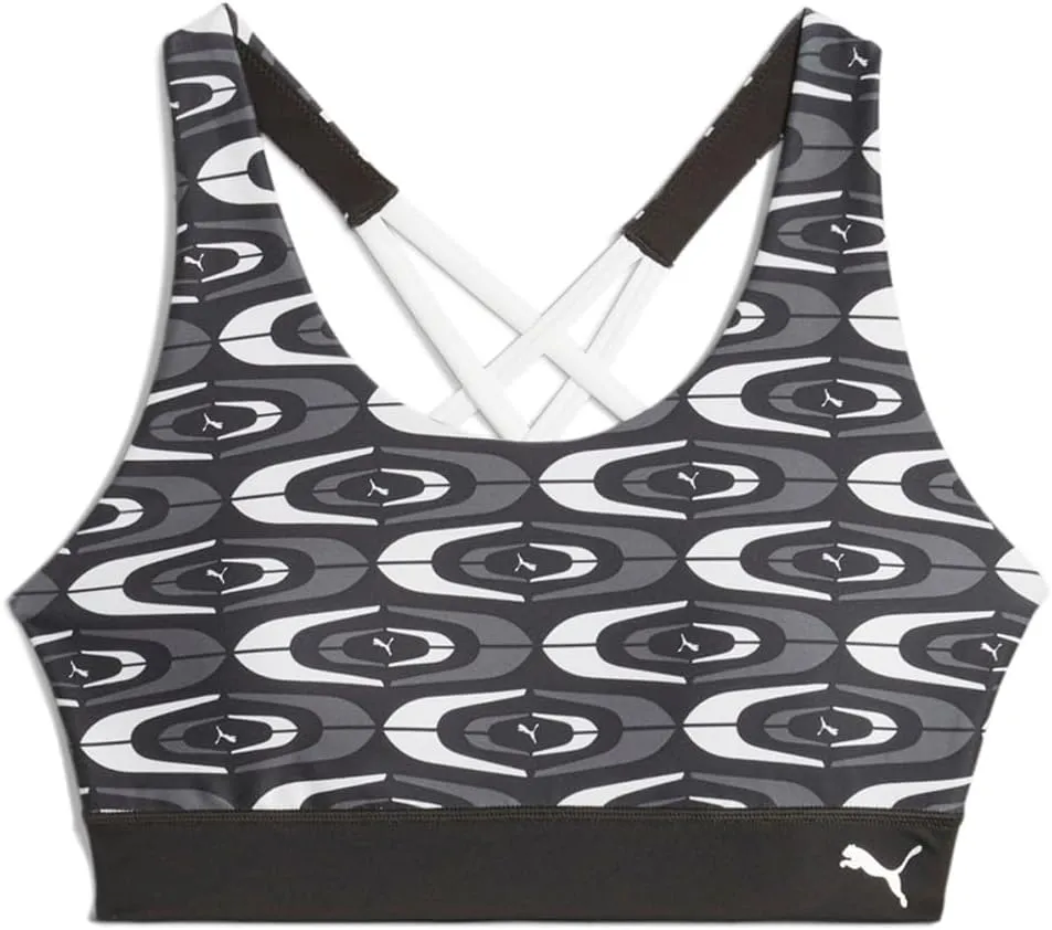 PUMA Womens Retro Glam Strappy Mid Impact Sports Bra Training Casual Casual Breathable - Black, White - Size XS