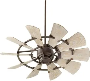 Quorum 194410-86 | Windmill Outdoor Fan (Damp) - 10 Weathered Oak 44" Aluminum Blades - Oiled Bronze Finish - With Reversible 6 Speed Wall Control - Light Kit & Remote Adaptable