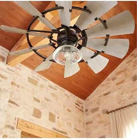 Quorum 194410-86 | Windmill Outdoor Fan (Damp) - 10 Weathered Oak 44" Aluminum Blades - Oiled Bronze Finish - With Reversible 6 Speed Wall Control - Light Kit & Remote Adaptable