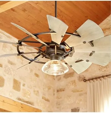 Quorum 194410-86 | Windmill Outdoor Fan (Damp) - 10 Weathered Oak 44" Aluminum Blades - Oiled Bronze Finish - With Reversible 6 Speed Wall Control - Light Kit & Remote Adaptable