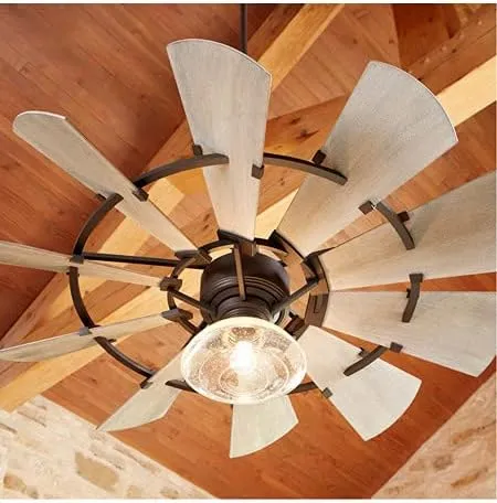 Quorum 194410-86 | Windmill Outdoor Fan (Damp) - 10 Weathered Oak 44" Aluminum Blades - Oiled Bronze Finish - With Reversible 6 Speed Wall Control - Light Kit & Remote Adaptable