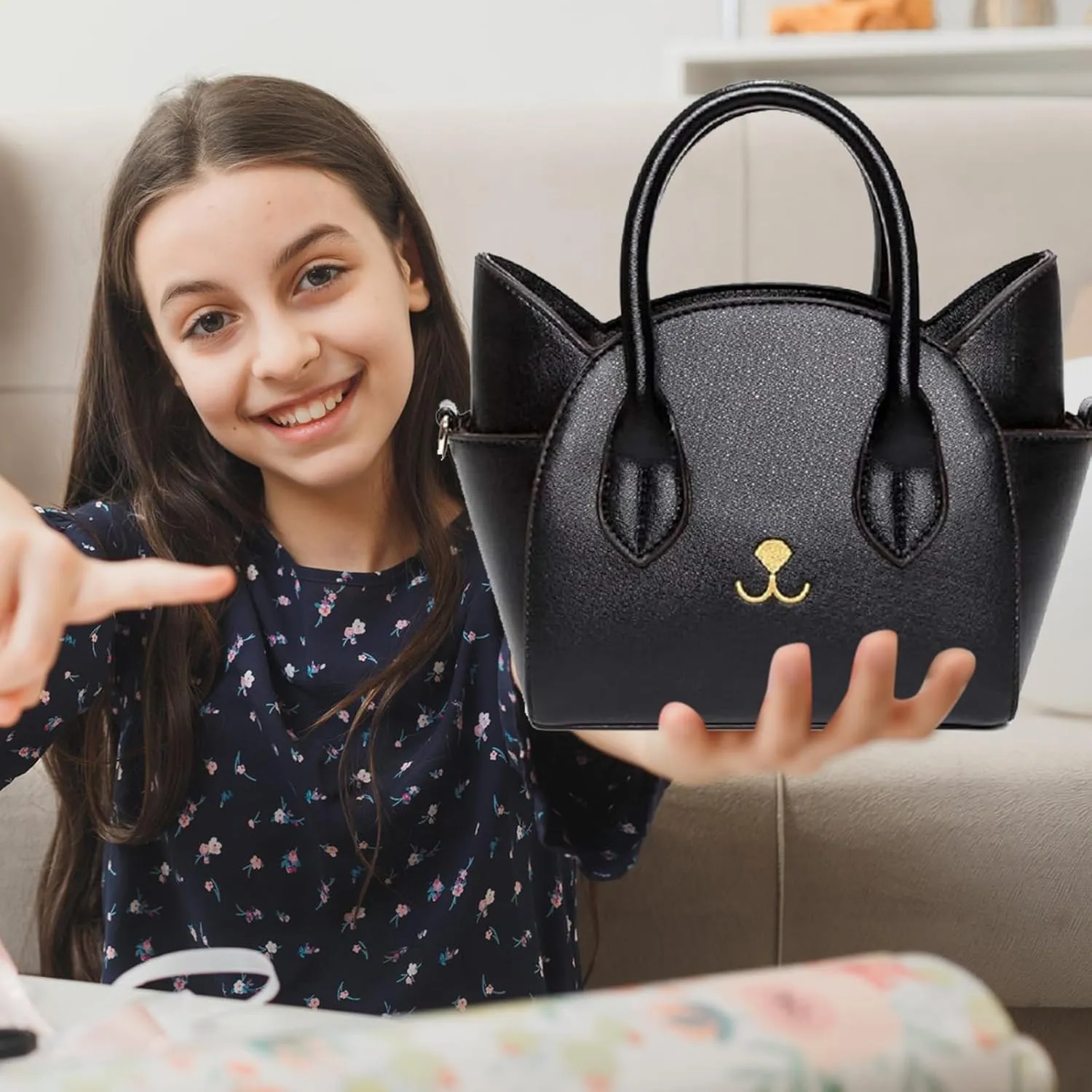 QZUnique Cat Purse for Women Cute Top Handle Shoulder Bag for Teens Girls Pu Leather Gothic Handbag Crossbody Bag