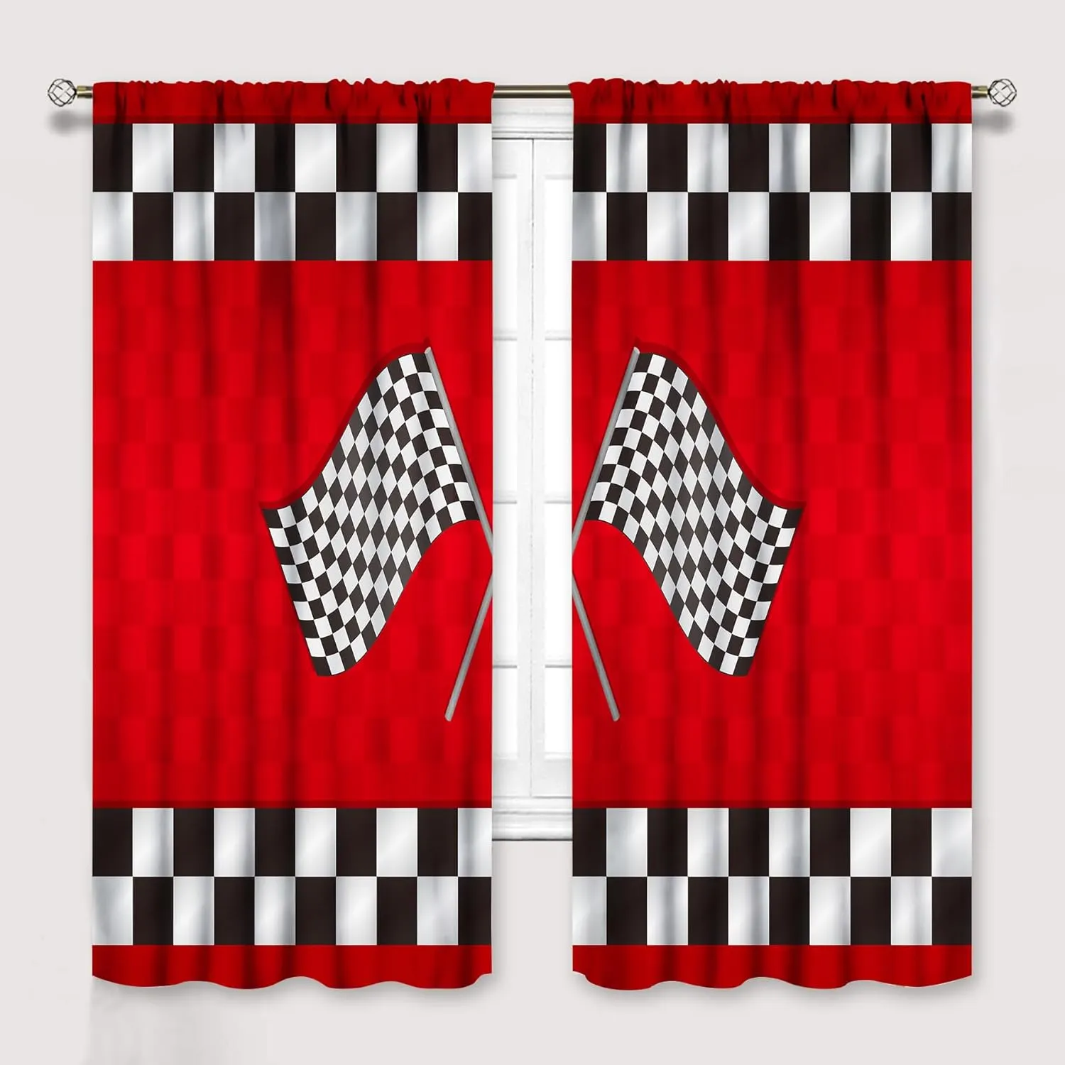 Racing Car Kids Curtains, Boys Construction Vehicles Window Treatments for Boys Bedroom,Red Racing Flag Drapes 2 Panel Sets,42x63 Inch