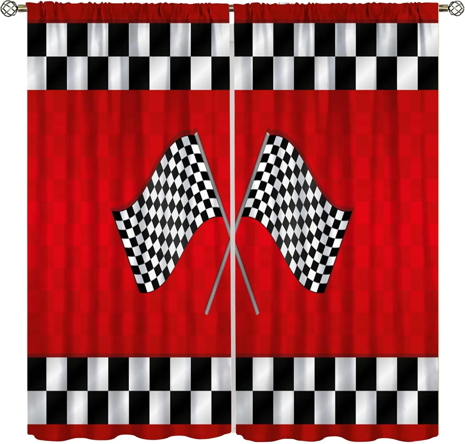 Racing Car Kids Curtains, Boys Construction Vehicles Window Treatments for Boys Bedroom,Red Racing Flag Drapes 2 Panel Sets,42x63 Inch