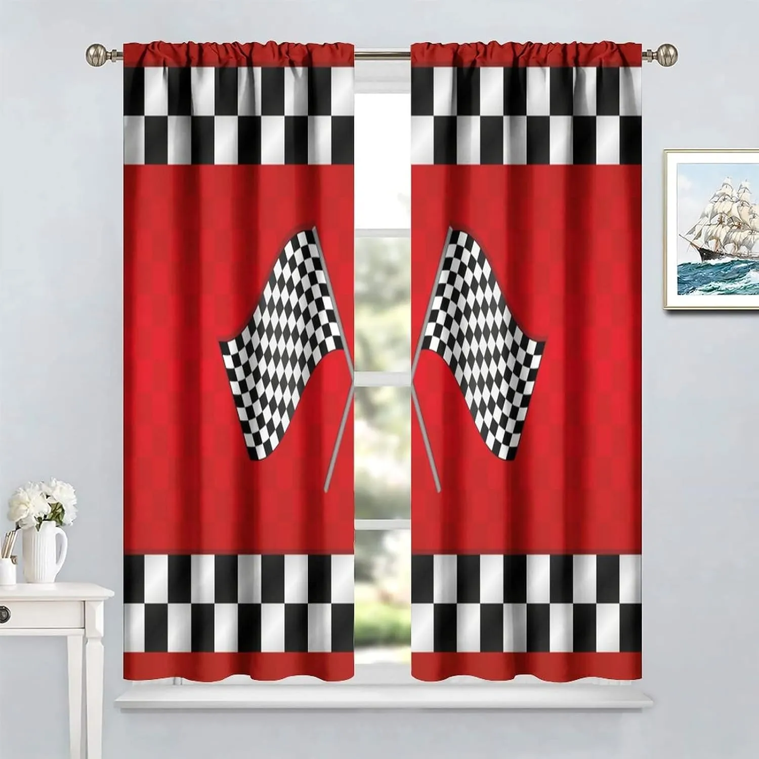Racing Car Kids Curtains, Boys Construction Vehicles Window Treatments for Boys Bedroom,Red Racing Flag Drapes 2 Panel Sets,42x63 Inch