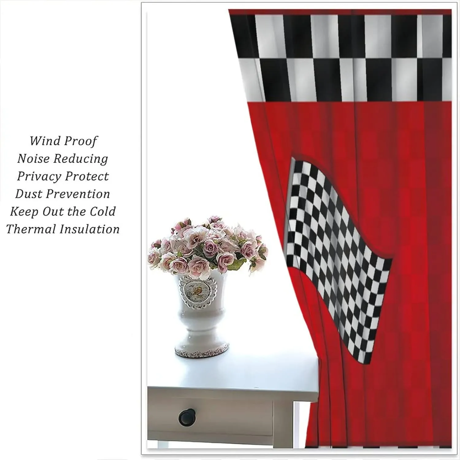 Racing Car Kids Curtains, Boys Construction Vehicles Window Treatments for Boys Bedroom,Red Racing Flag Drapes 2 Panel Sets,42x63 Inch