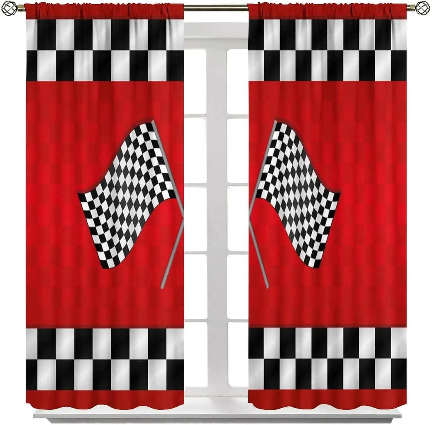 Racing Car Kids Curtains, Boys Construction Vehicles Window Treatments for Boys Bedroom,Red Racing Flag Drapes 2 Panel Sets,42x63 Inch