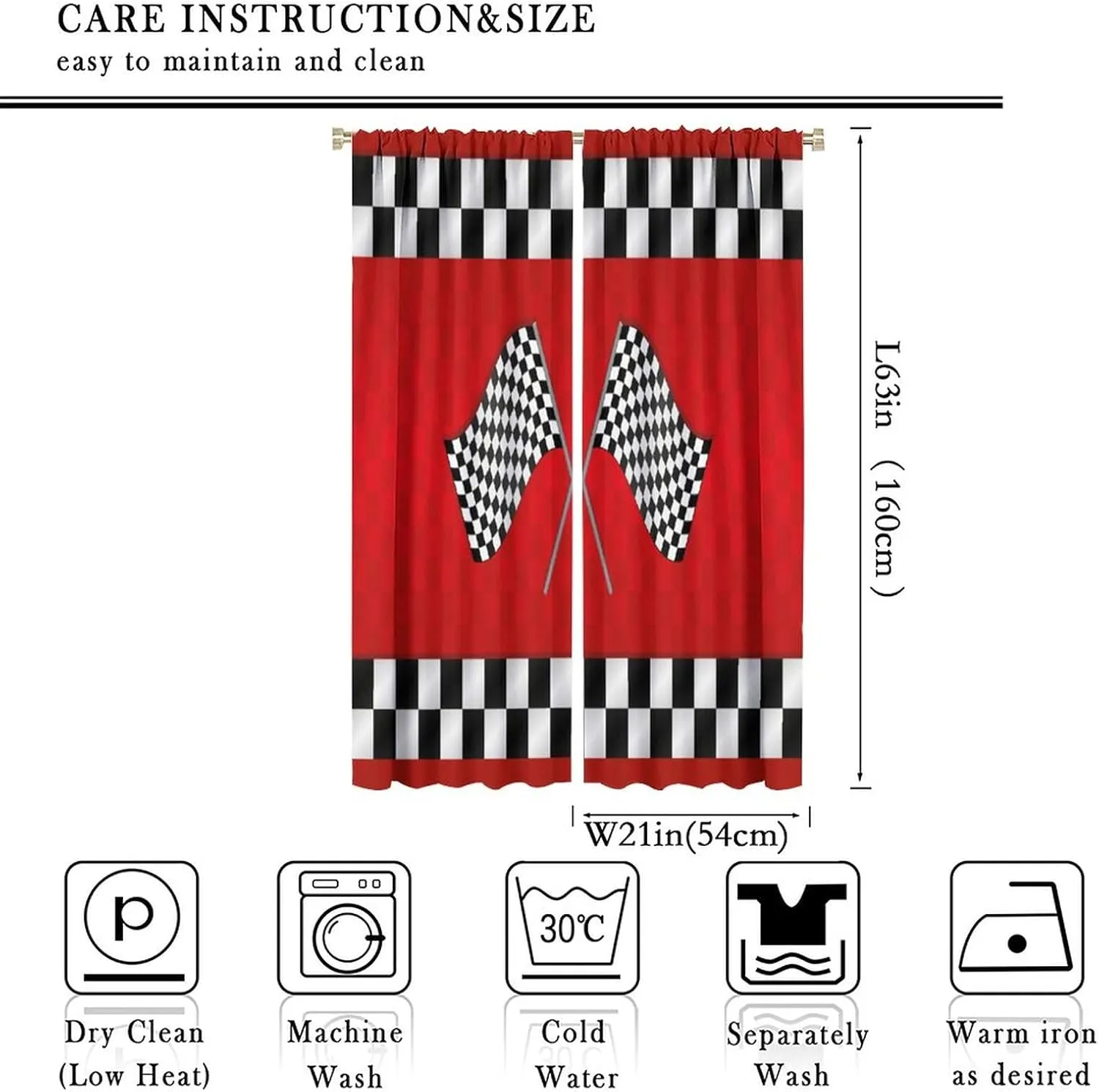 Racing Car Kids Curtains, Boys Construction Vehicles Window Treatments for Boys Bedroom,Red Racing Flag Drapes 2 Panel Sets,42x63 Inch