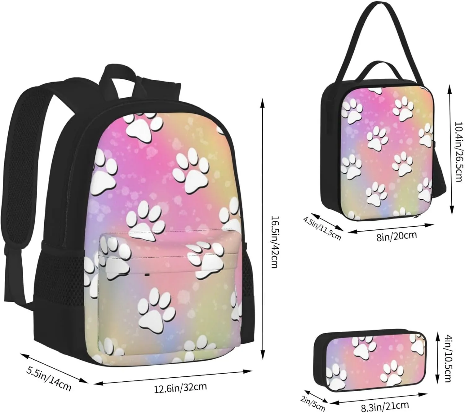 Rainbow Paw Print Pattern Multifunctional Pocket Backpack Crossbody Lunch Bag Pencil Case 3Pcs Set Large Capacity Backpack