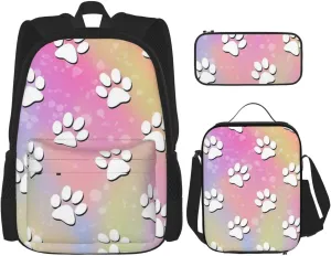 Rainbow Paw Print Pattern Multifunctional Pocket Backpack Crossbody Lunch Bag Pencil Case 3Pcs Set Large Capacity Backpack