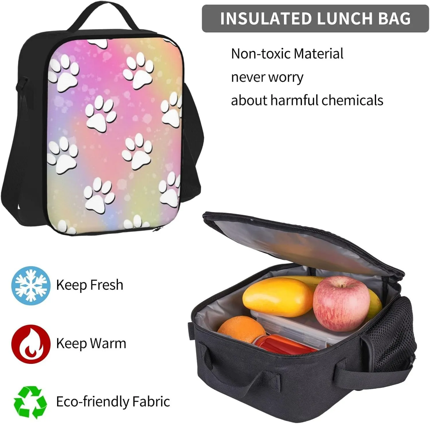 Rainbow Paw Print Pattern Multifunctional Pocket Backpack Crossbody Lunch Bag Pencil Case 3Pcs Set Large Capacity Backpack