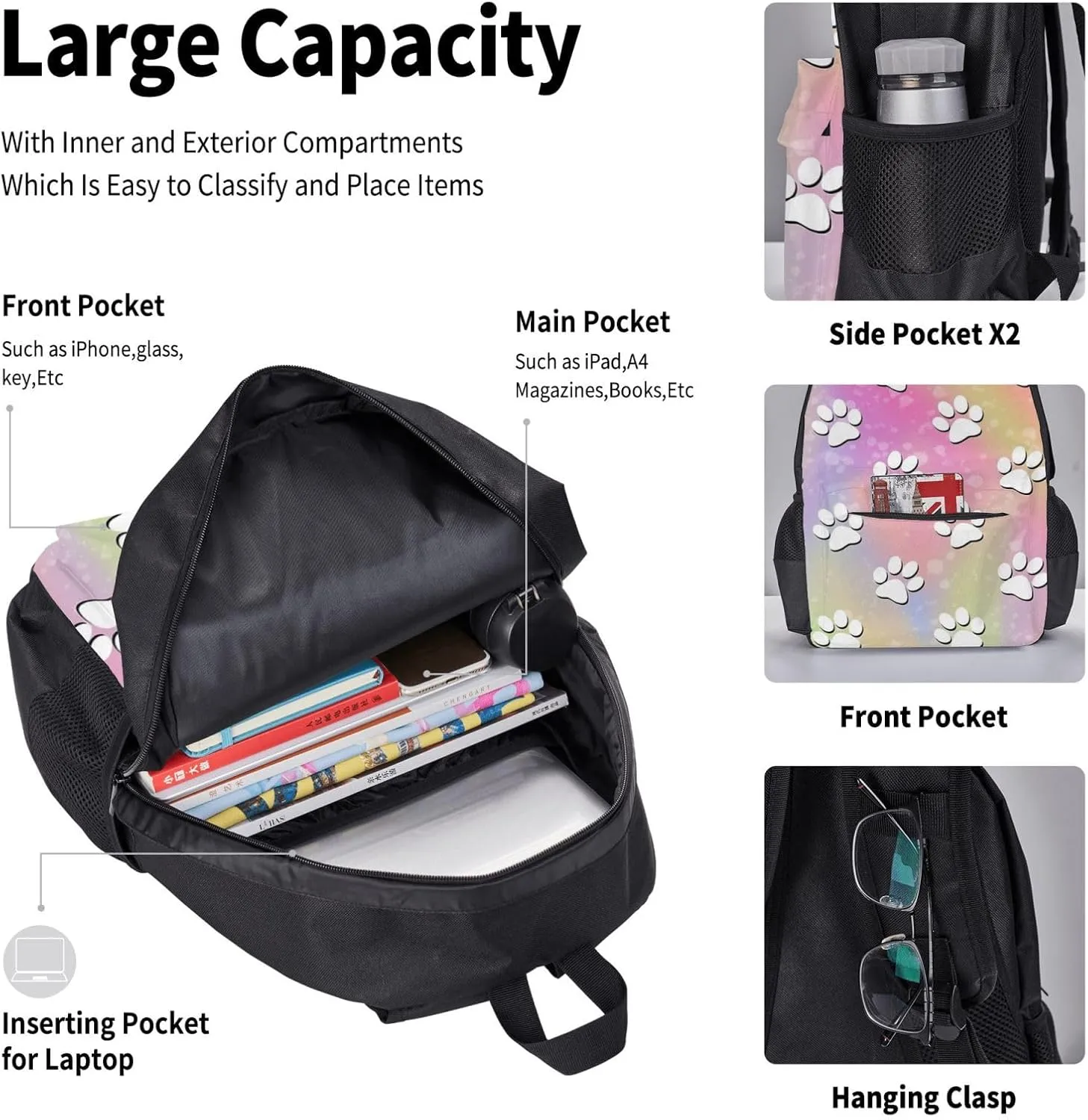 Rainbow Paw Print Pattern Multifunctional Pocket Backpack Crossbody Lunch Bag Pencil Case 3Pcs Set Large Capacity Backpack