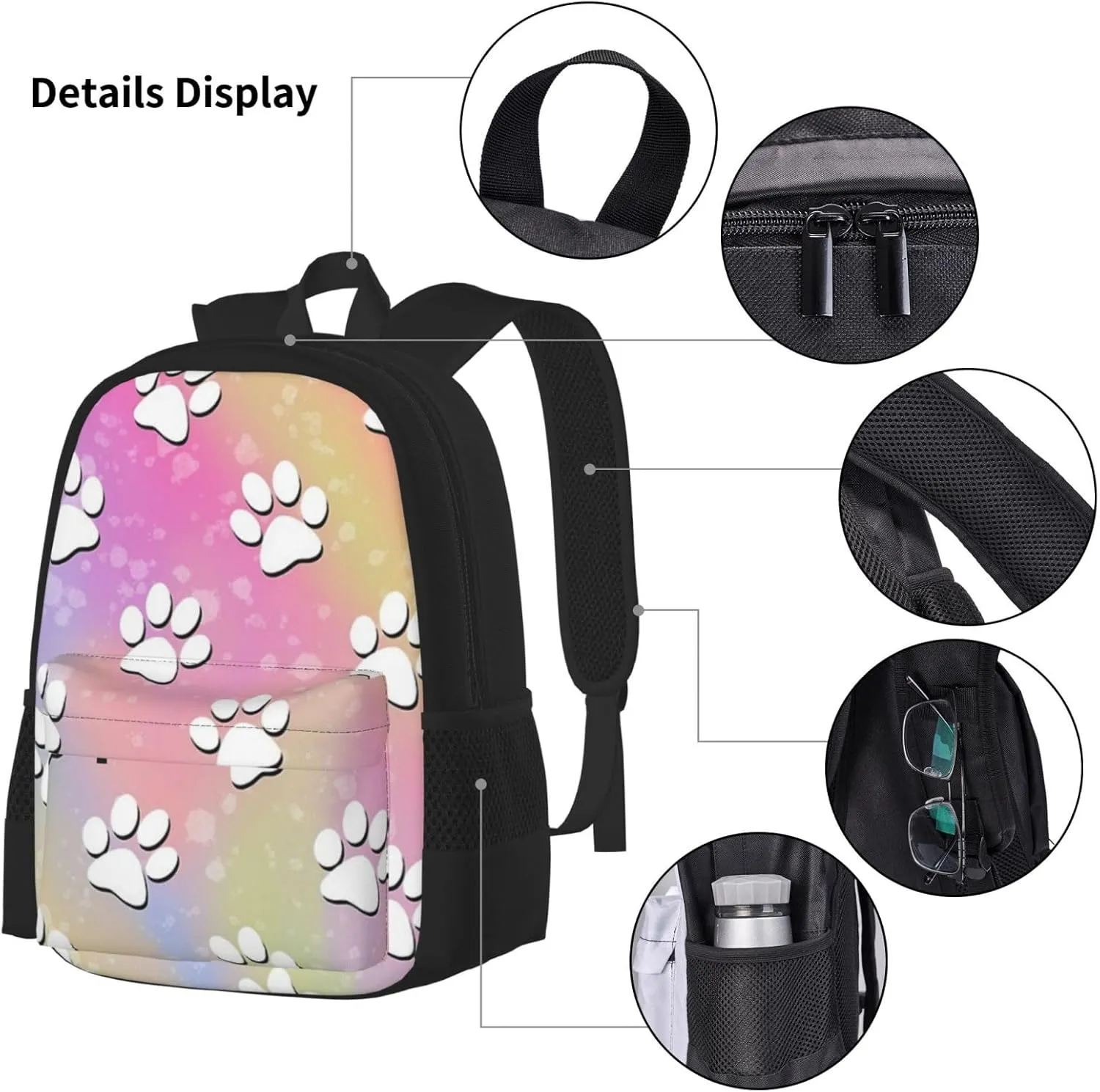 Rainbow Paw Print Pattern Multifunctional Pocket Backpack Crossbody Lunch Bag Pencil Case 3Pcs Set Large Capacity Backpack