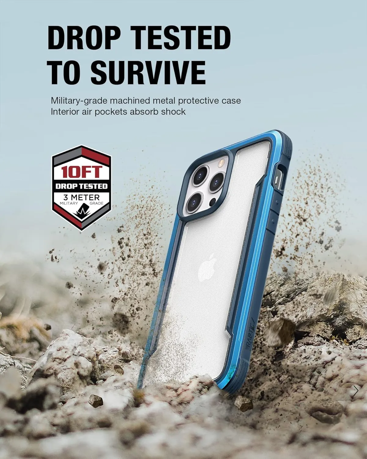 RAPTIC Shield Crystal Clear Case for iPhone 13 Pro Max, [ 5X Mil-Grade Drop Protection], [Not Yellowing Tech], Durable Anodized Shockproof Aluminum Frame Slim 13 Pro Max Case, 6.7 inch, Blue