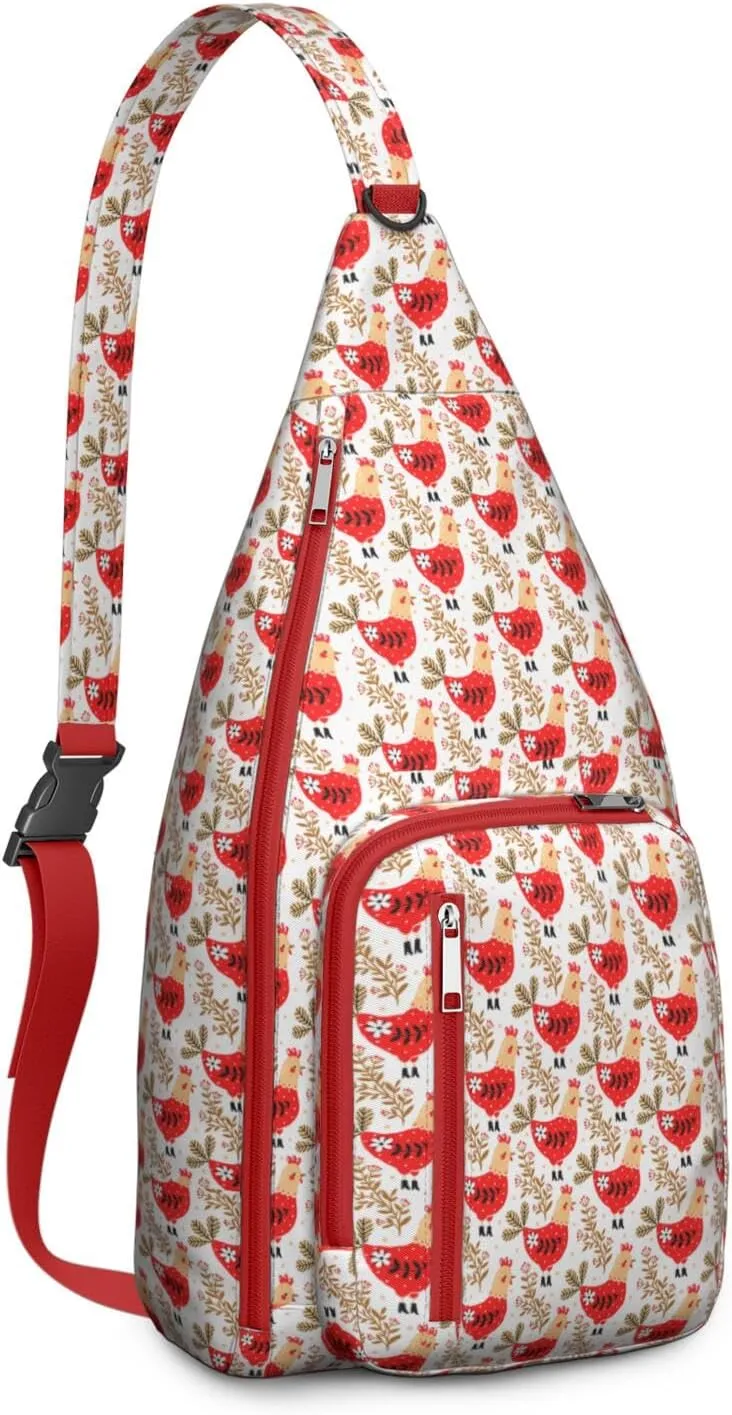 Red Funny Garden Rooster Crossbody Bag Daypack for Women Men Lightweight Waterproof Sling Bag Backpack Hiking Cycling