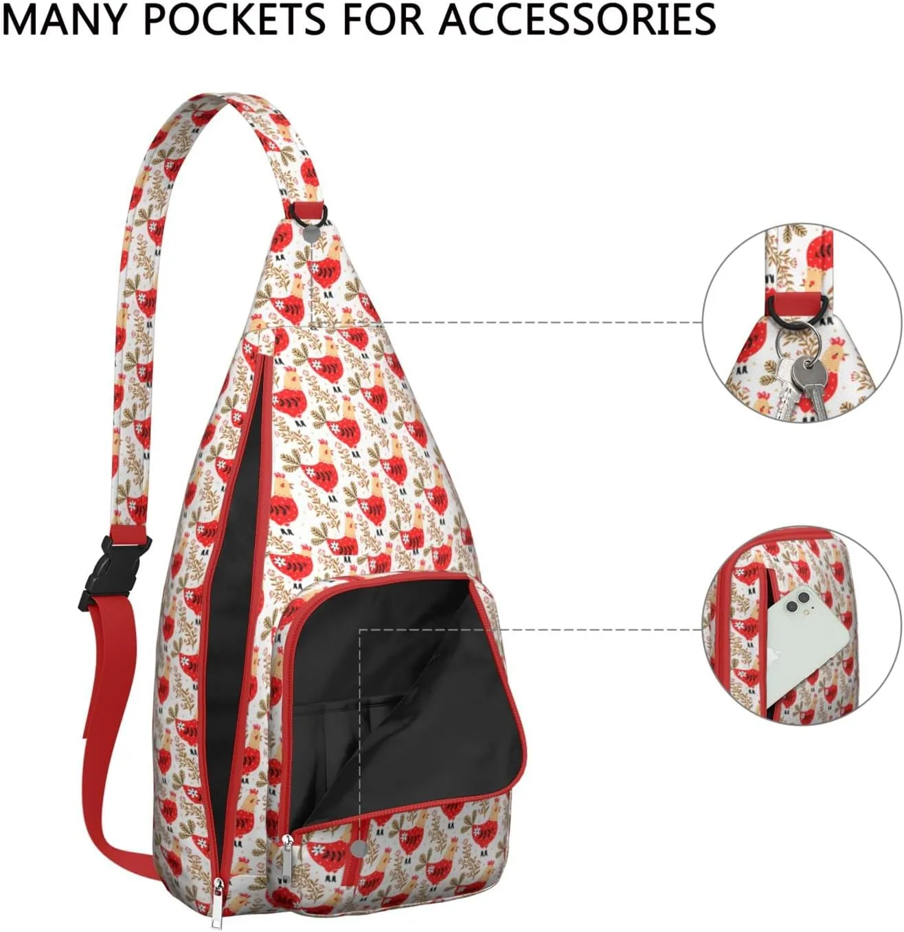 Red Funny Garden Rooster Crossbody Bag Daypack for Women Men Lightweight Waterproof Sling Bag Backpack Hiking Cycling