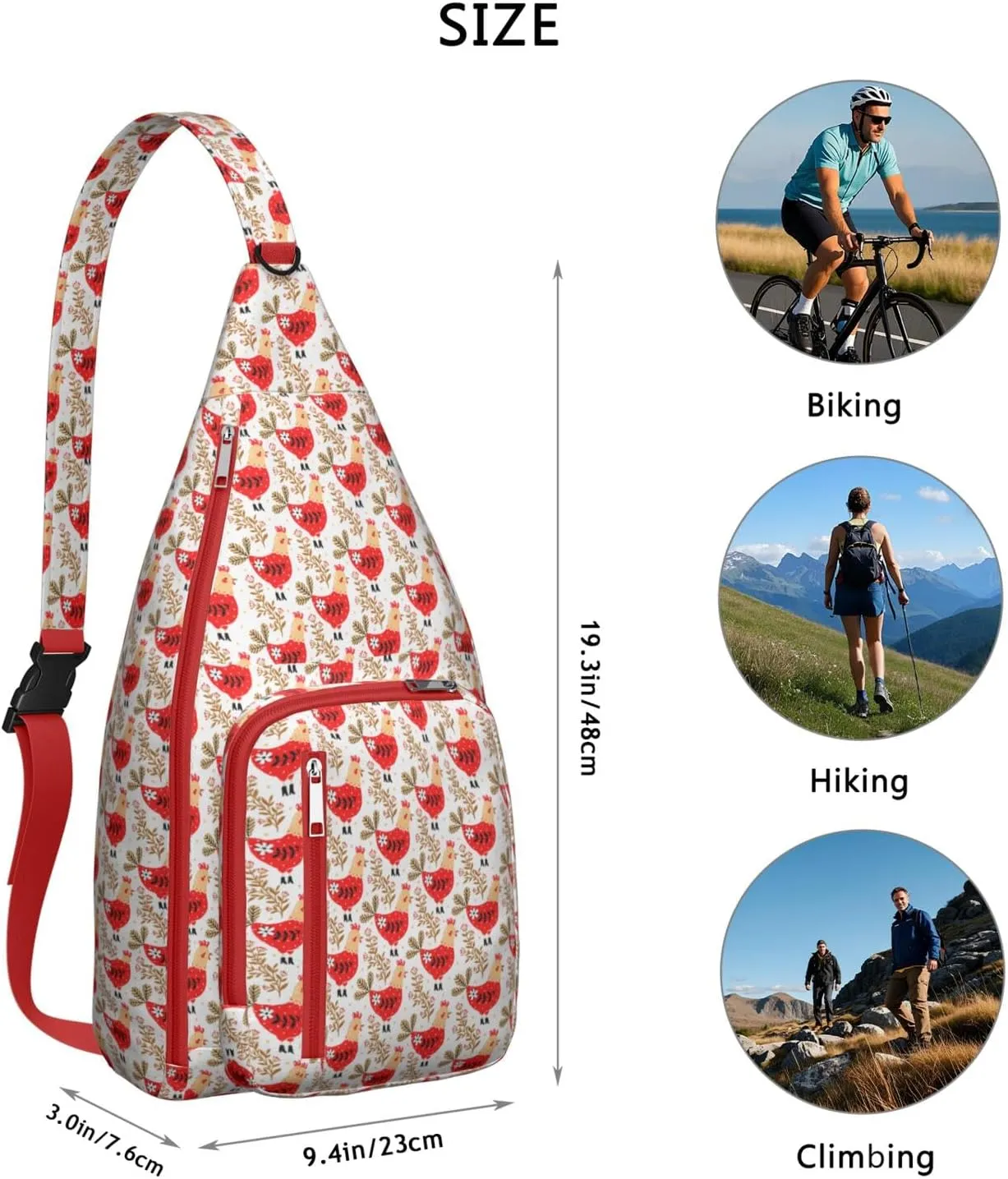 Red Funny Garden Rooster Crossbody Bag Daypack for Women Men Lightweight Waterproof Sling Bag Backpack Hiking Cycling