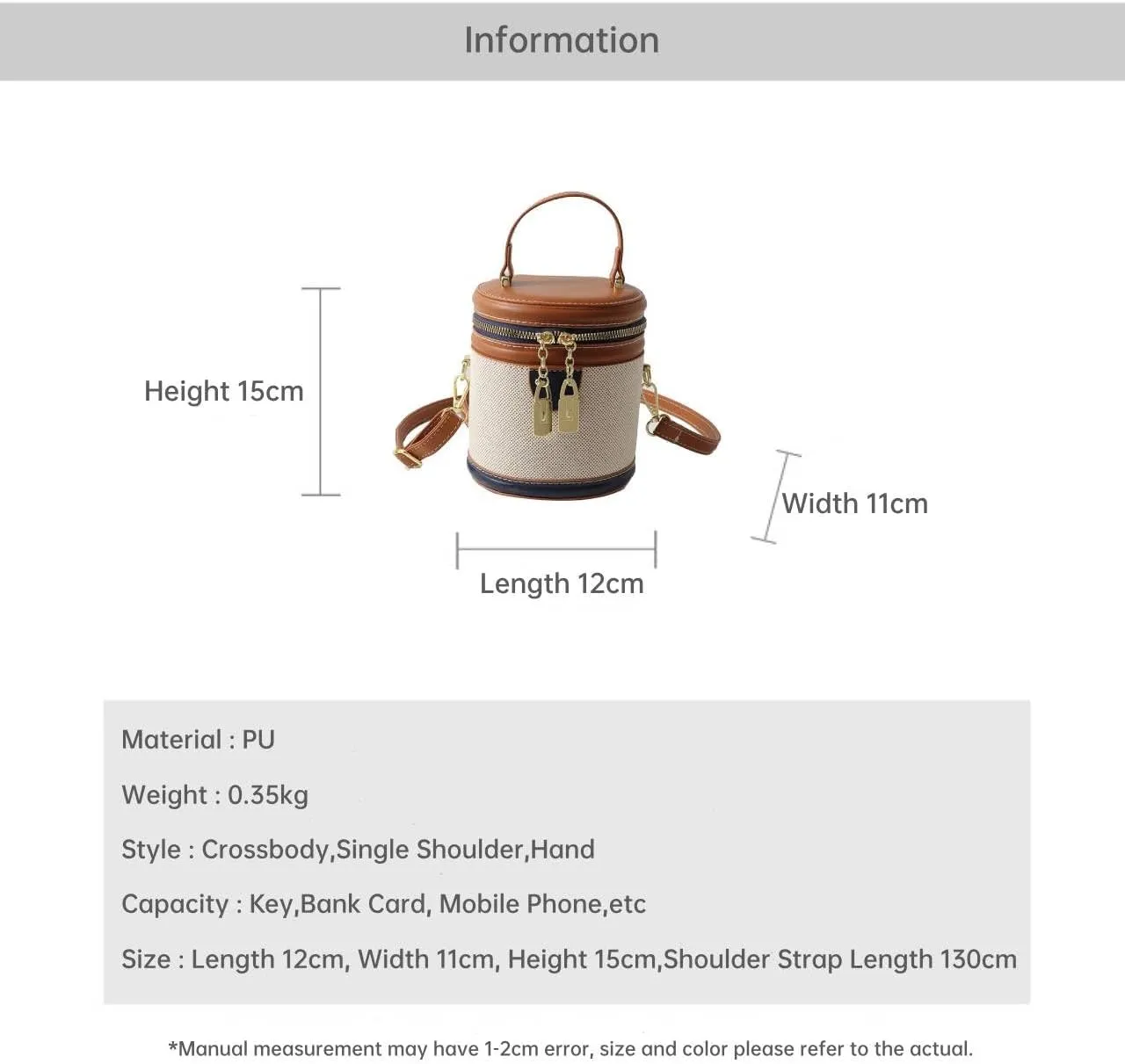 Retro Bucket Bag Color Contrast Cylinder Purse Senior Sense Style Single Shoulder Crossbody Handbag with Zipper