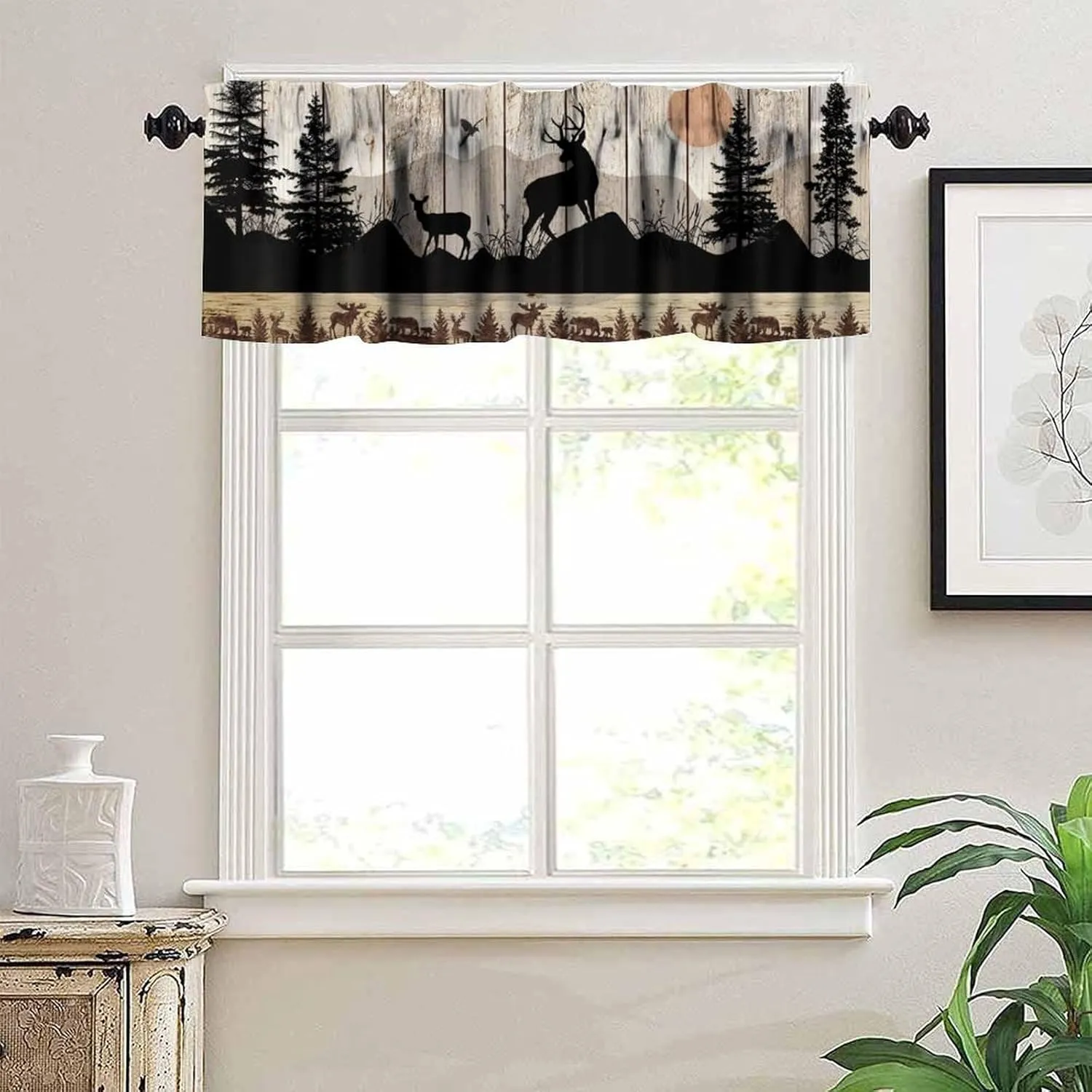 Retro Cabin Valance, Rustic Farmhouse Wooden Barn Door Wild Animals Deer Country Misty Forest Coniferous Trees Print Short Window Curtains for Kitchen Bedroom, 54x18inch