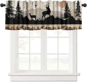 Retro Cabin Valance, Rustic Farmhouse Wooden Barn Door Wild Animals Deer Country Misty Forest Coniferous Trees Print Short Window Curtains for Kitchen Bedroom, 54x18inch