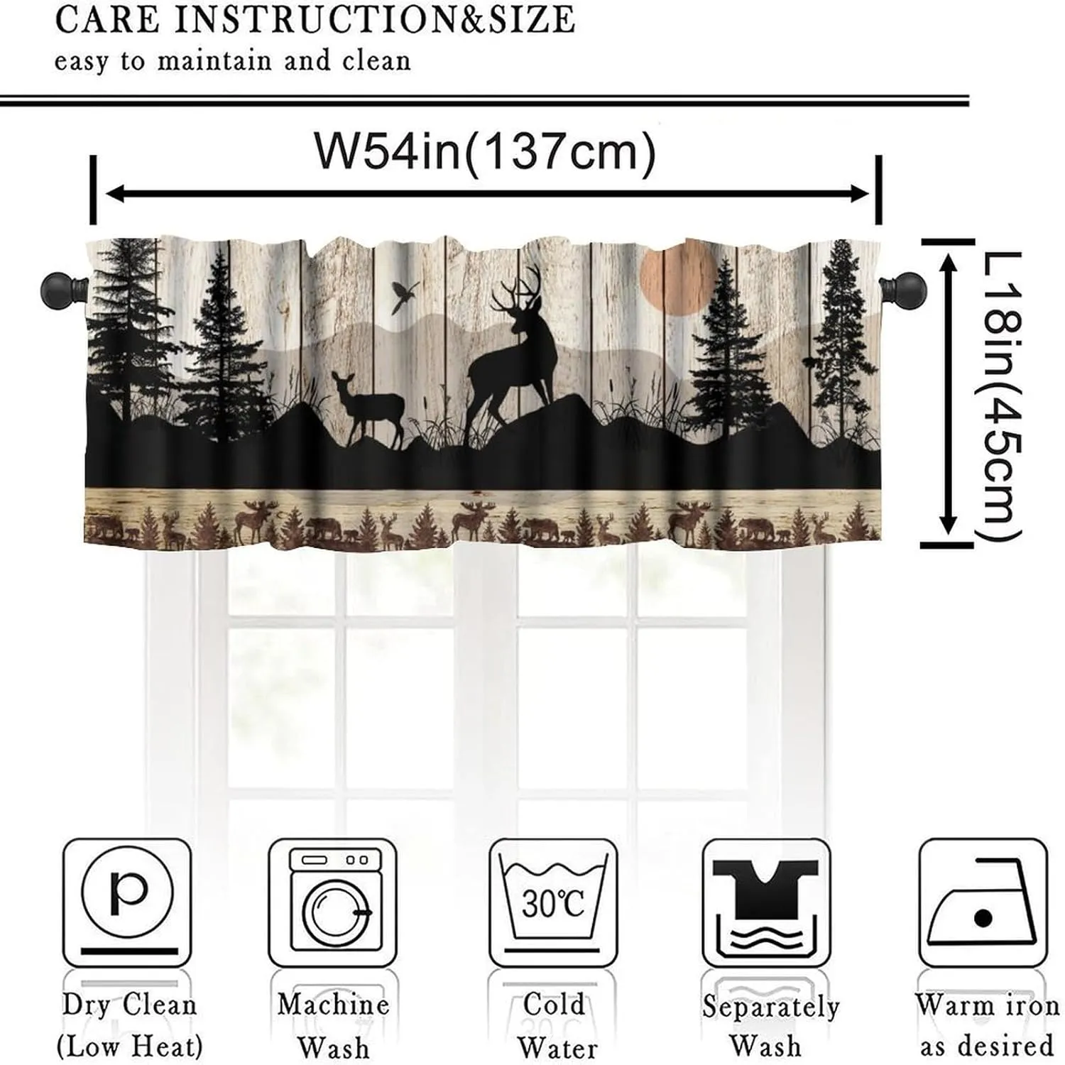 Retro Cabin Valance, Rustic Farmhouse Wooden Barn Door Wild Animals Deer Country Misty Forest Coniferous Trees Print Short Window Curtains for Kitchen Bedroom, 54x18inch