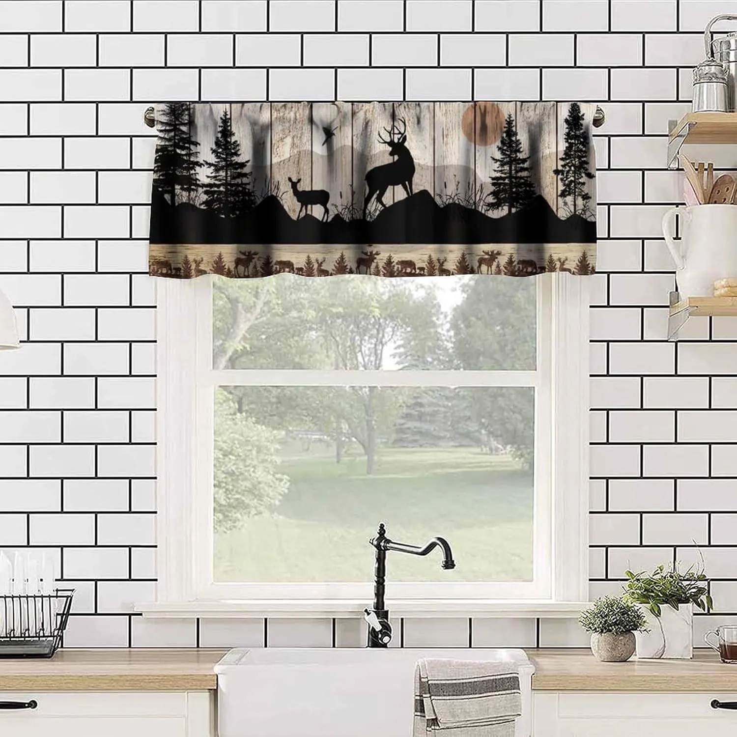 Retro Cabin Valance, Rustic Farmhouse Wooden Barn Door Wild Animals Deer Country Misty Forest Coniferous Trees Print Short Window Curtains for Kitchen Bedroom, 54x18inch