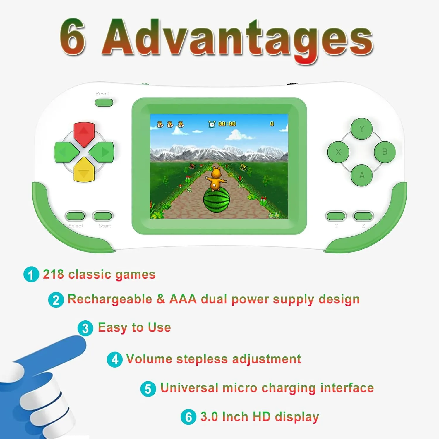 Retro Handheld Games for Kids 4-12 with Build in 218 Puzzle Leisure Video Games Rechargeable 3.0'' Screen Electronics Gaming Player Toys Birthday Gift for Boys Girls (Green)