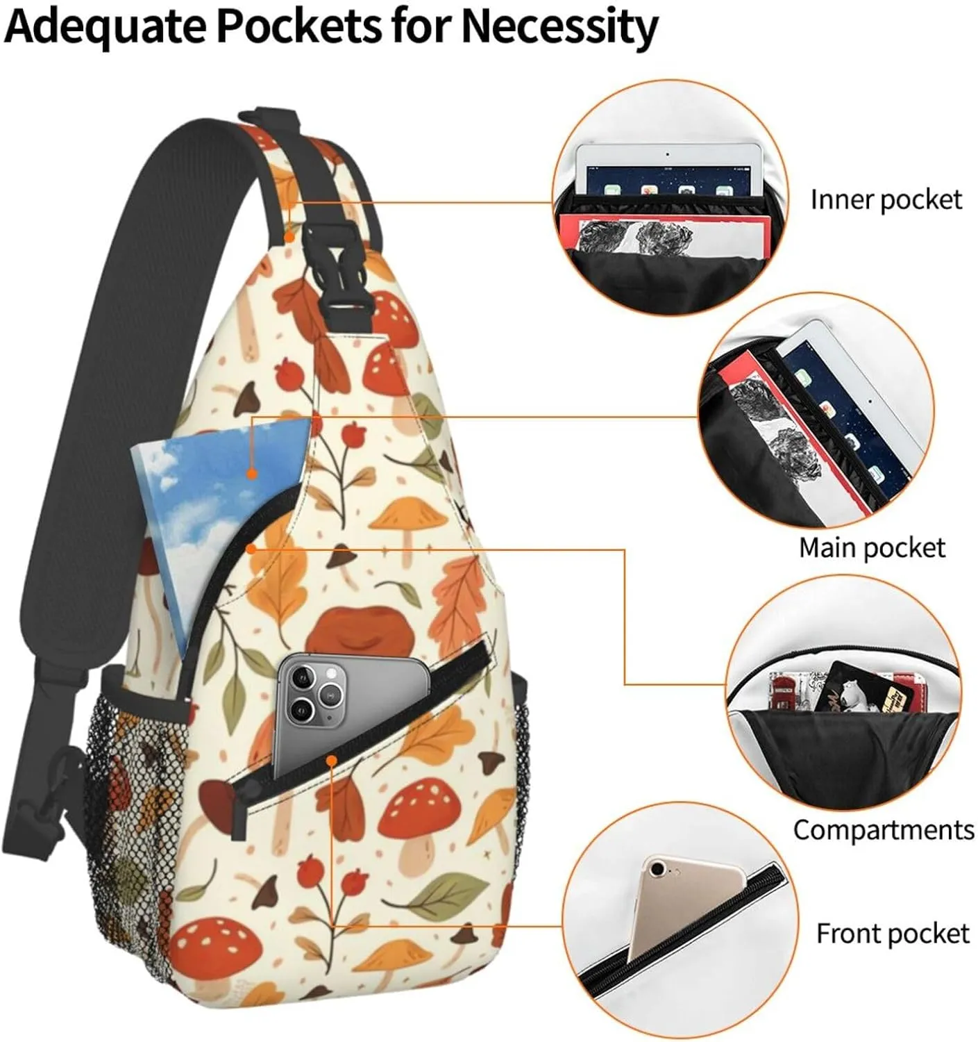Retro Mushroom Crossbody Sling Bag for Women Men Chest Daypack Crossbody Backpack Travel Sports Hiking Working