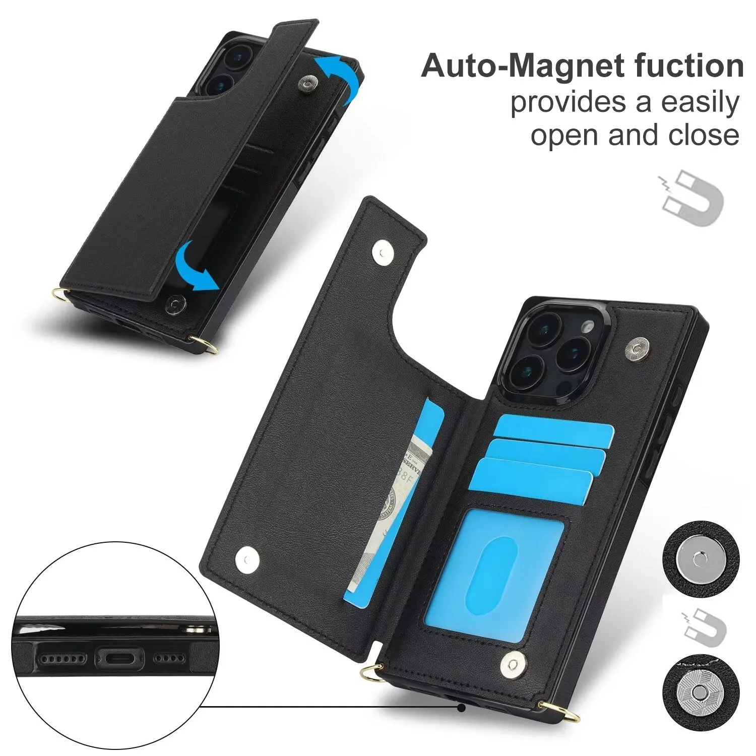RFID Block Magnet Card Slot Strap Case For iPhone 16 15 14 13 12 11 PRO MAX C22