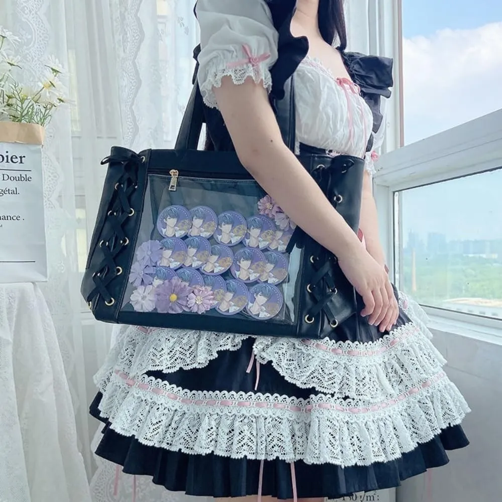Ribbon Ita Bag Pins Display Single Shoulder Crossbody Bag PU Leather Big Capacity Tote Bag with Zipper and Insert (Blue)