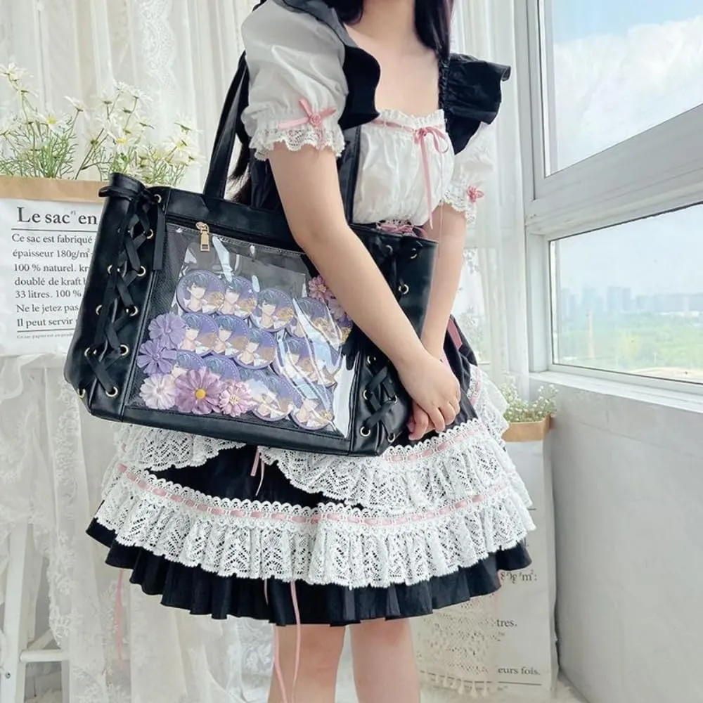 Ribbon Ita Bag Pins Display Single Shoulder Crossbody Bag PU Leather Big Capacity Tote Bag with Zipper and Insert (Blue)