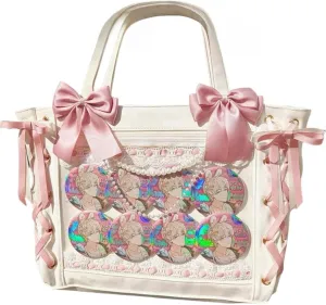Ribbon Ita Bag Pins Display Single Shoulder Crossbody Bag PU Leather Big Capacity Tote Bag with Zipper (White)