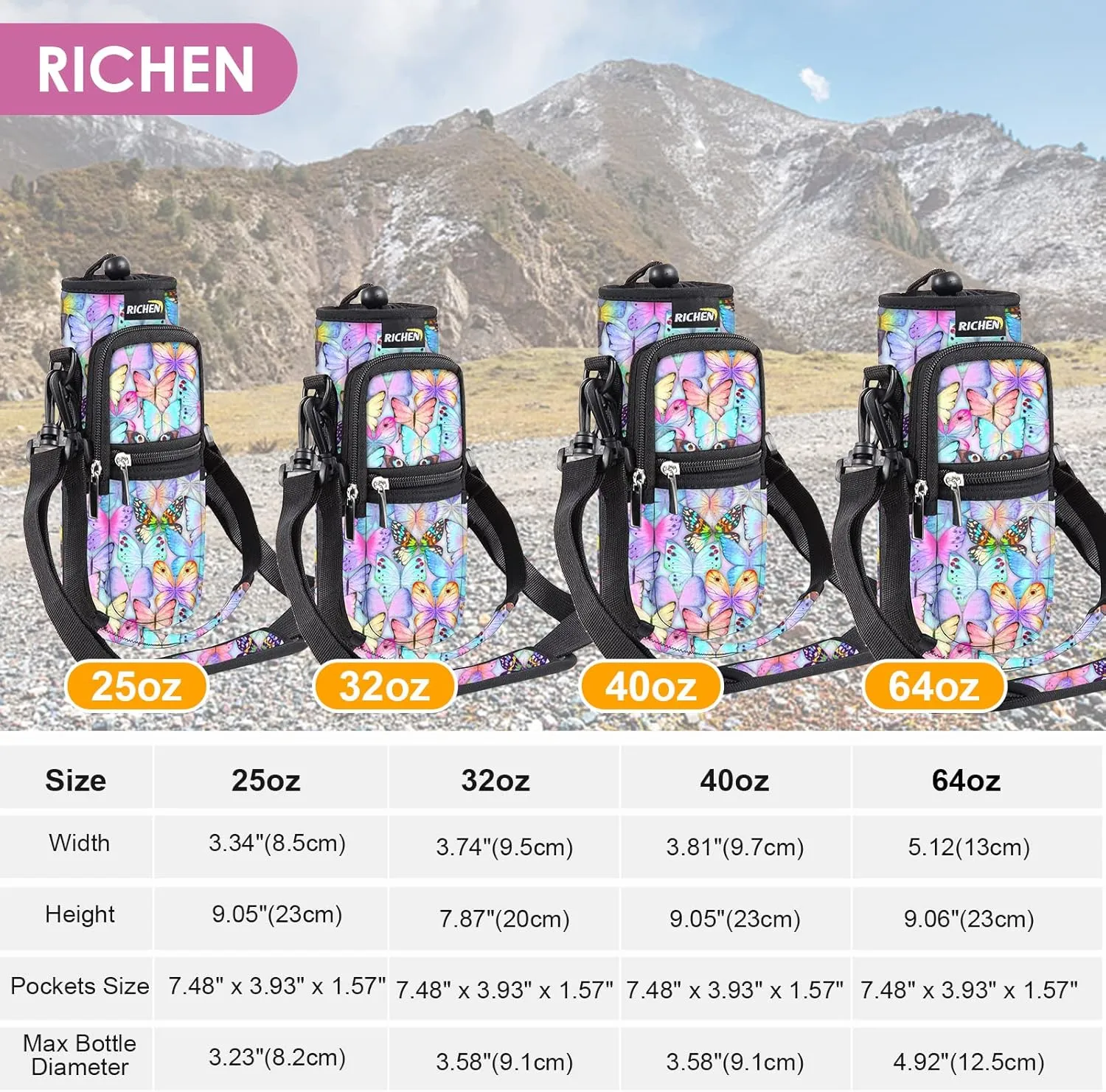 RICHEN Neoprene Water Bottle Carrier Bag 25/32/40/64 oz, Bottle Pouch Holder with Adjustable Padded Shoulder & Handle Strap and Front Pockets for Men/Women Hiking Travelling Camping