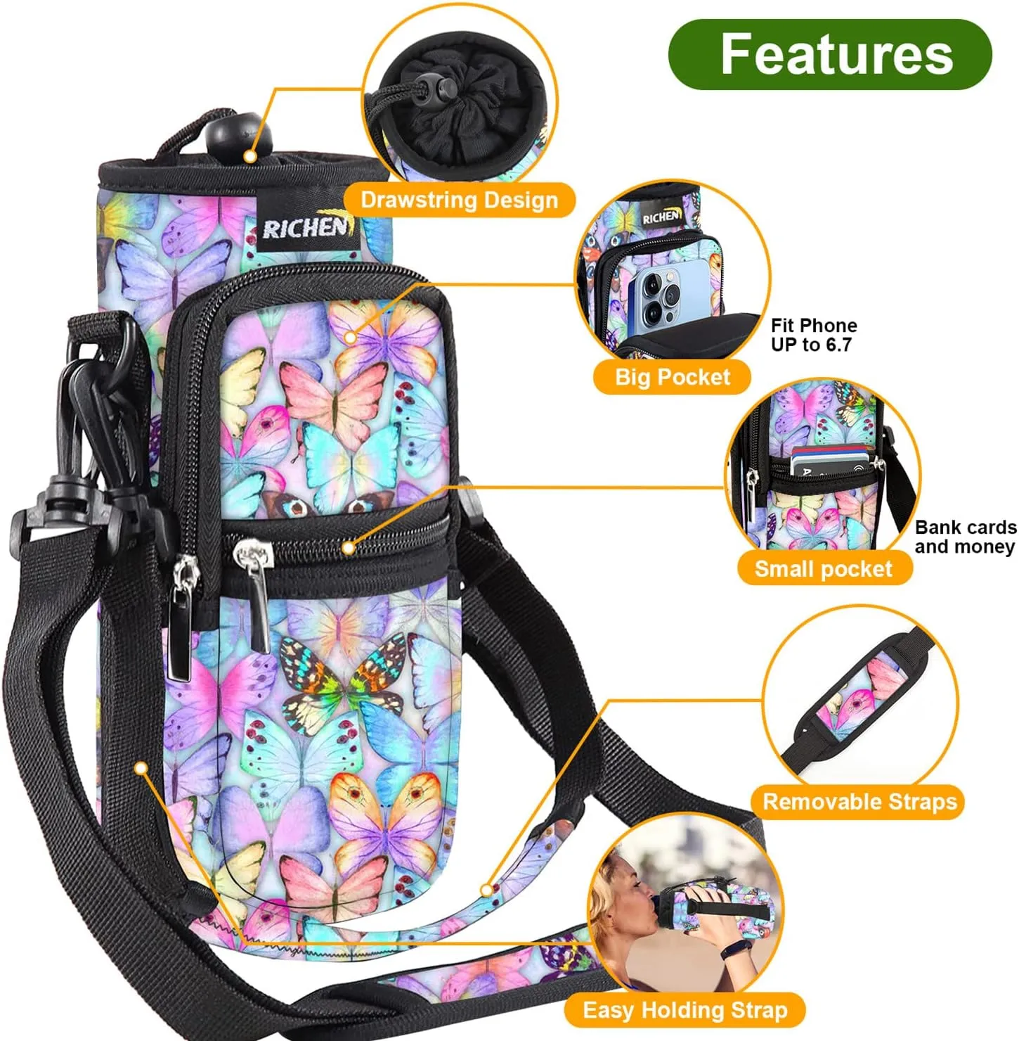 RICHEN Neoprene Water Bottle Carrier Bag 25/32/40/64 oz, Bottle Pouch Holder with Adjustable Padded Shoulder & Handle Strap and Front Pockets for Men/Women Hiking Travelling Camping