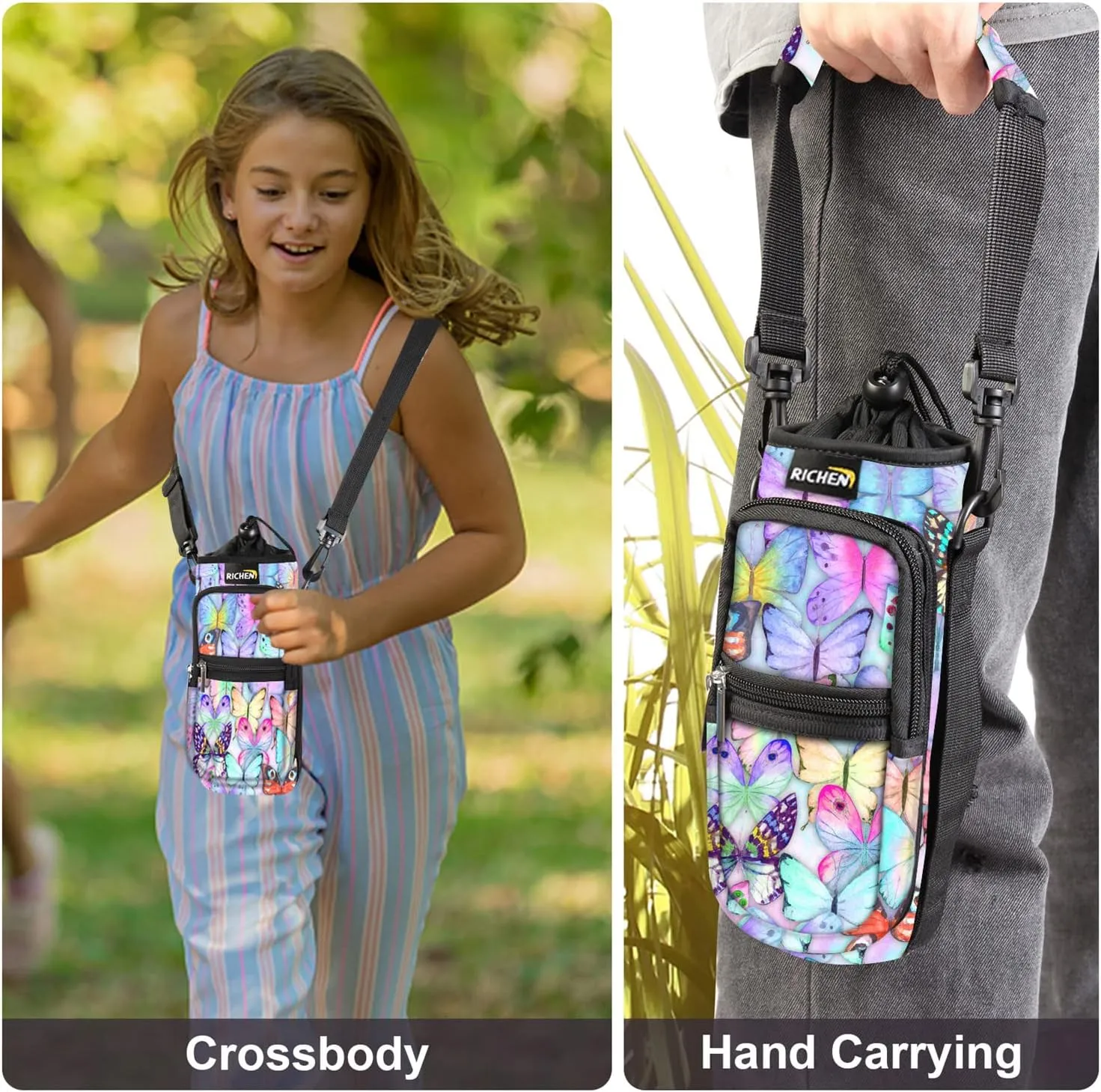RICHEN Neoprene Water Bottle Carrier Bag 25/32/40/64 oz, Bottle Pouch Holder with Adjustable Padded Shoulder & Handle Strap and Front Pockets for Men/Women Hiking Travelling Camping
