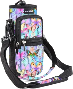 RICHEN Neoprene Water Bottle Carrier Bag 25/32/40/64 oz, Bottle Pouch Holder with Adjustable Padded Shoulder & Handle Strap and Front Pockets for Men/Women Hiking Travelling Camping