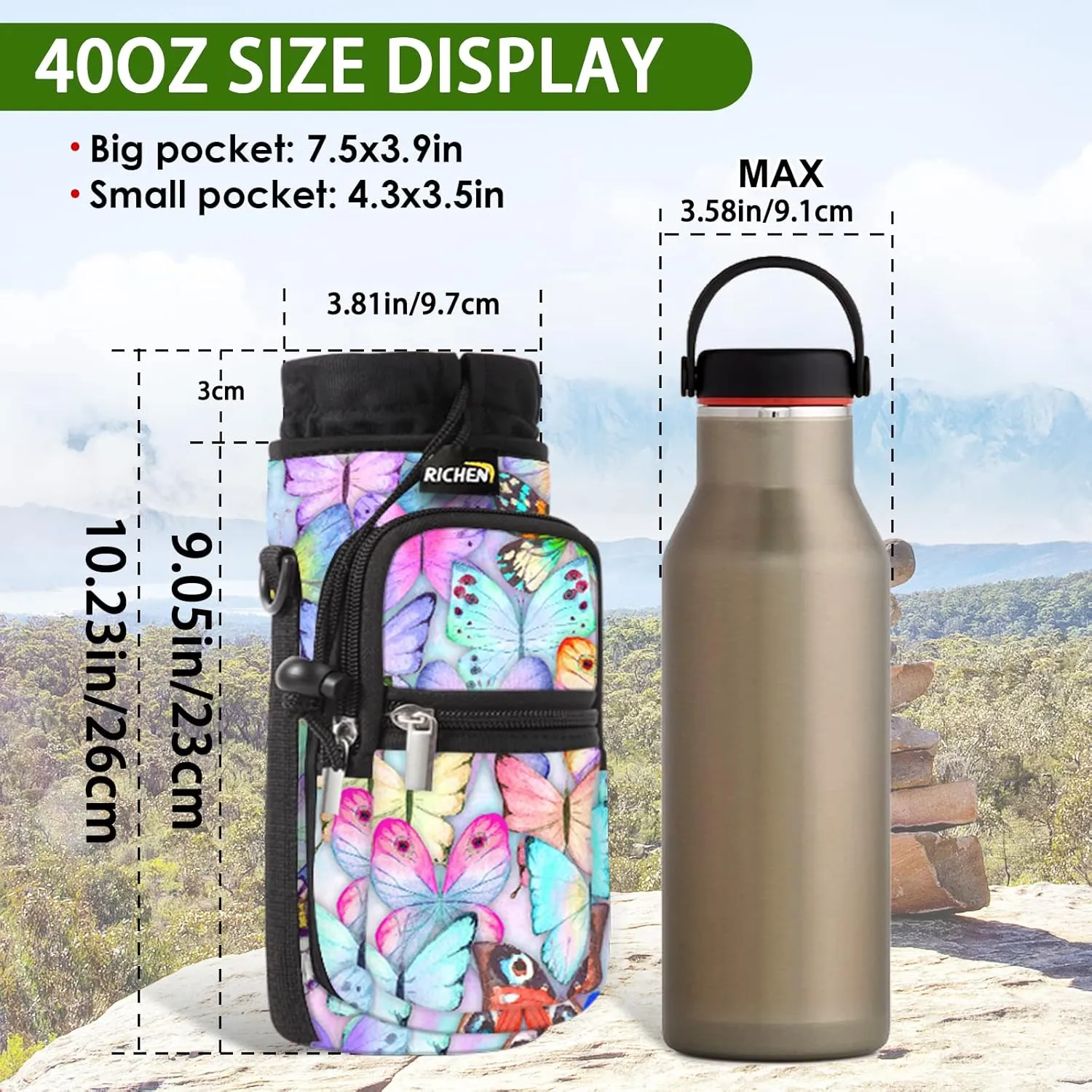 RICHEN Neoprene Water Bottle Carrier Bag 25/32/40/64 oz, Bottle Pouch Holder with Adjustable Padded Shoulder & Handle Strap and Front Pockets for Men/Women Hiking Travelling Camping