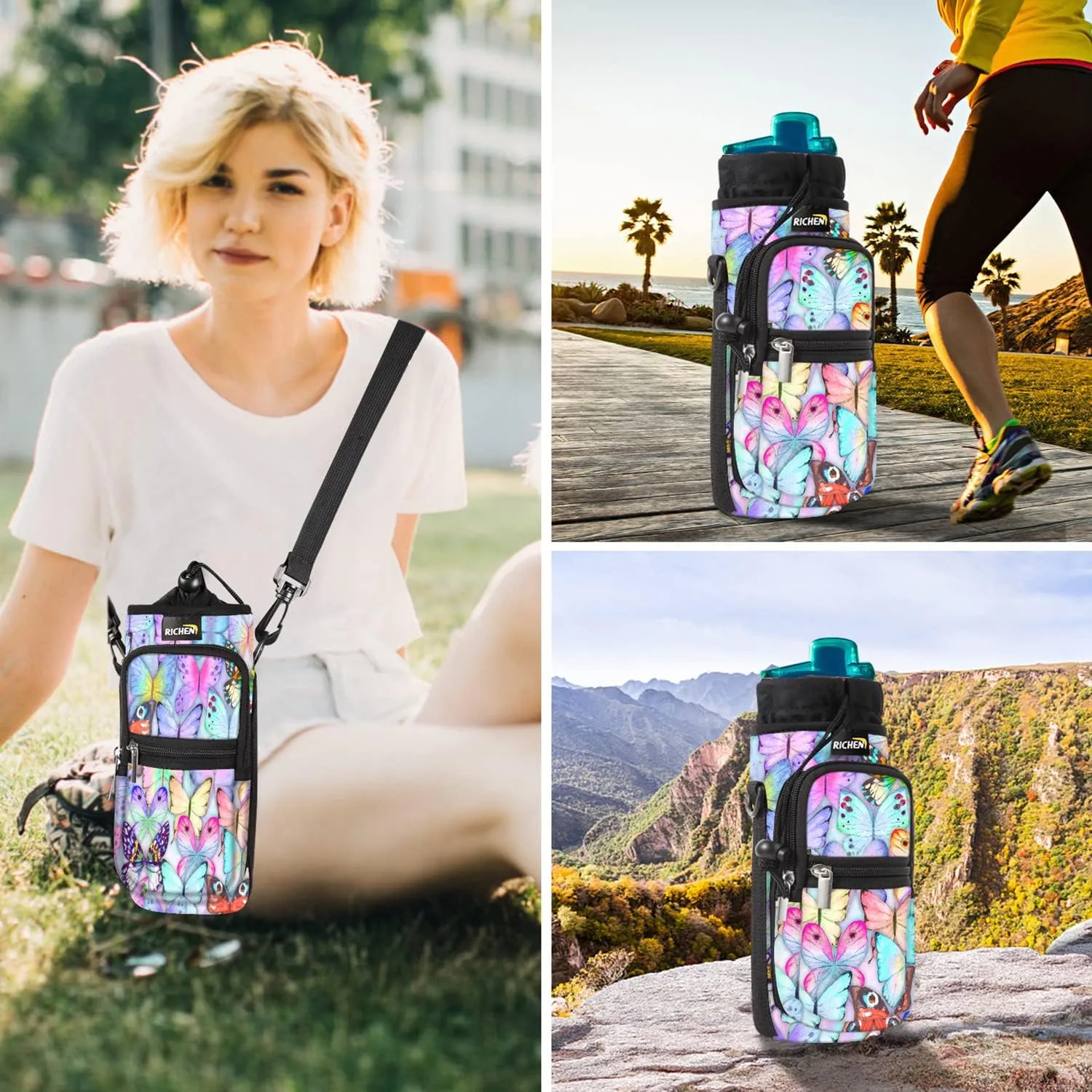 RICHEN Neoprene Water Bottle Carrier Bag 25/32/40/64 oz, Bottle Pouch Holder with Adjustable Padded Shoulder & Handle Strap and Front Pockets for Men/Women Hiking Travelling Camping