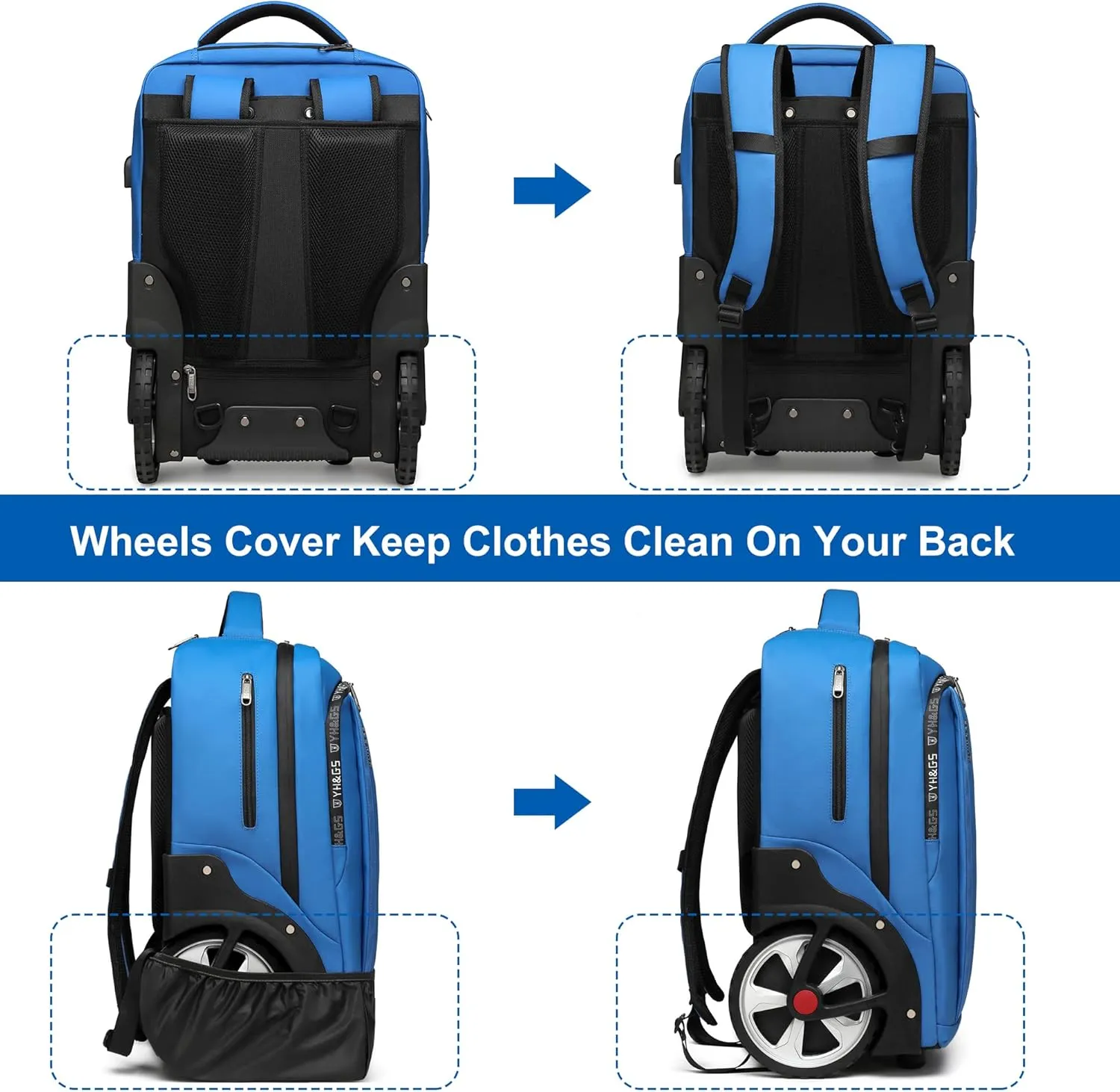 Rolling Backpack, Travel Backpack with Wheels, Rolling Backpack for Women Men, Carry on Luggage with Rolling Laptop Backpack for Travel Work, Fit 17.3 Inch Notebook Men Women (Blue)