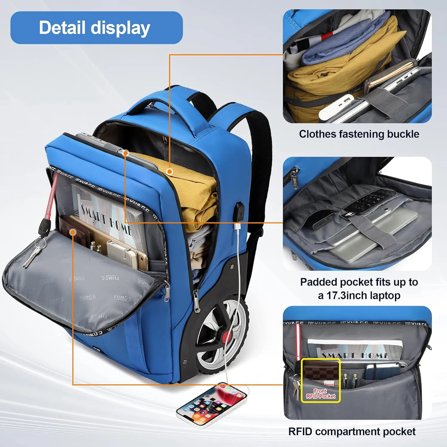 Rolling Backpack, Travel Backpack with Wheels, Rolling Backpack for Women Men, Carry on Luggage with Rolling Laptop Backpack for Travel Work, Fit 17.3 Inch Notebook Men Women (Blue)