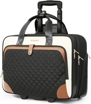 Rolling Laptop Bag, Rolling Briefcase for Women with Waterproof Pocket, 17.3 Inch Computer Bag, Underseat Carry On Luggage with Wheels for Work Travel Business, Lightweight Beige Brown
