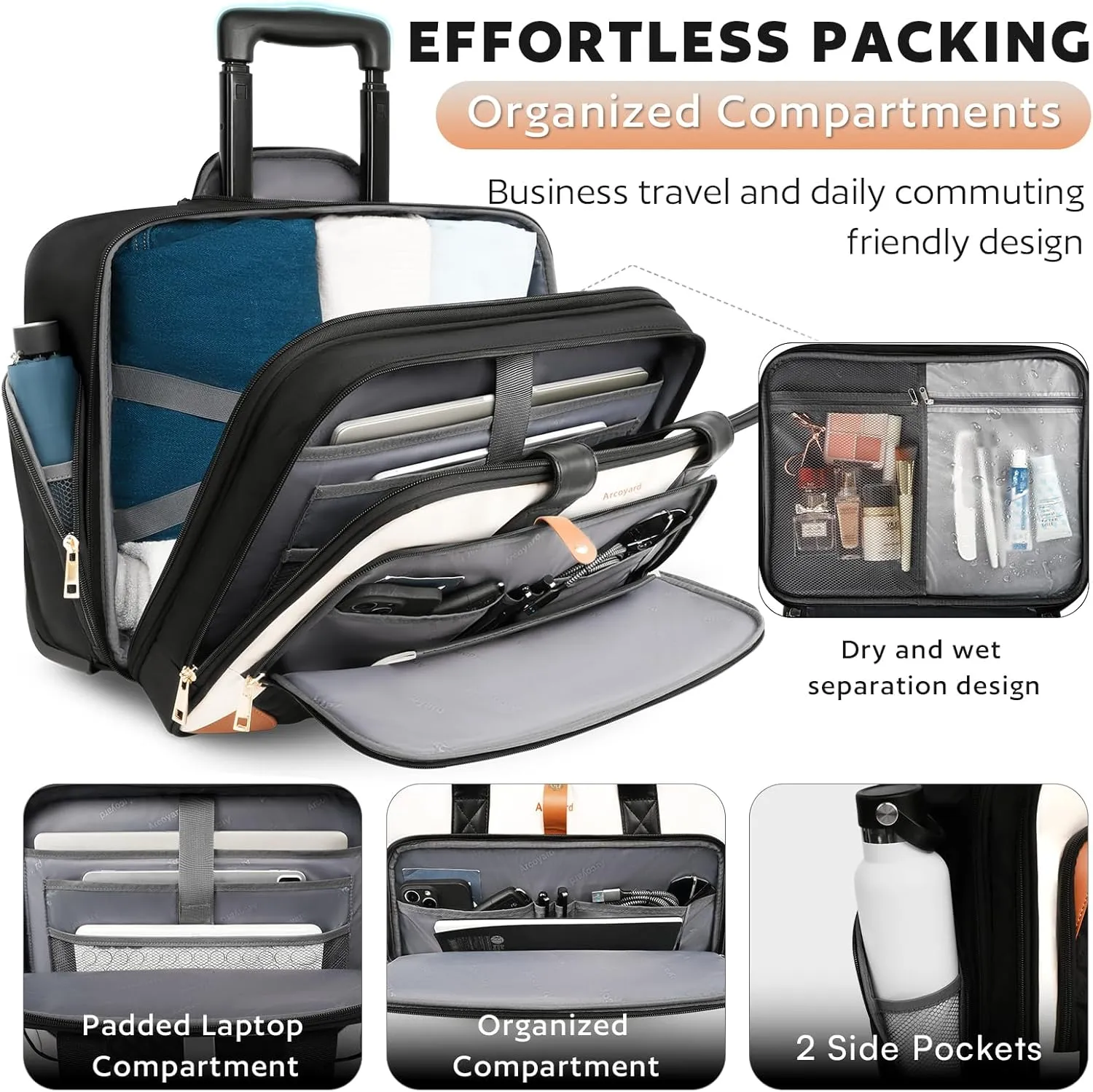 Rolling Laptop Bag, Rolling Briefcase for Women with Waterproof Pocket, 17.3 Inch Computer Bag, Underseat Carry On Luggage with Wheels for Work Travel Business, Lightweight Beige Brown