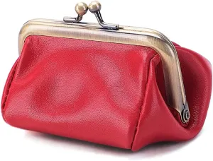 ROUROU Genuine Leather Clutch Bag for Women Kiss Lock Wallet Retro Coin Purse Coin Organizer Cute Purse