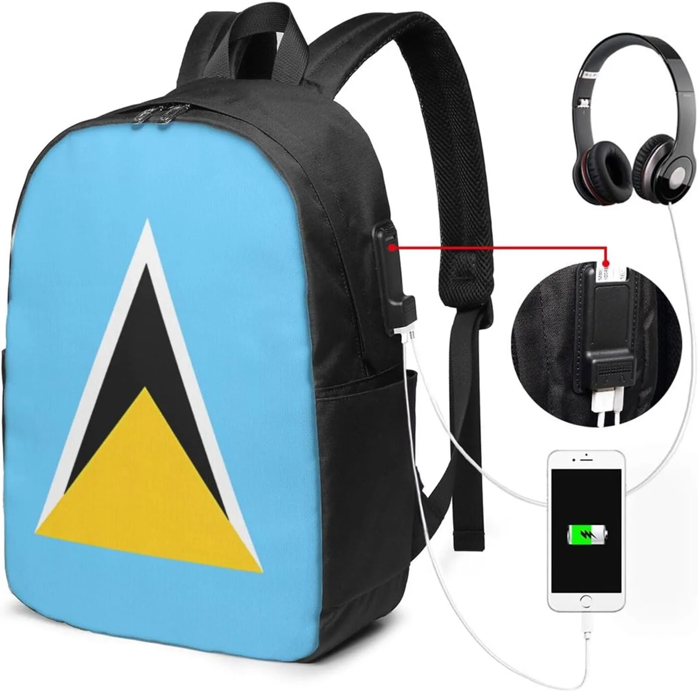 Saint Lucia Flag Laptop Backpacks Travel Backpack Casual Business Daypack Sport Rucksack Computer Bag Fits up to 17 Inch Notebook with USB Port
