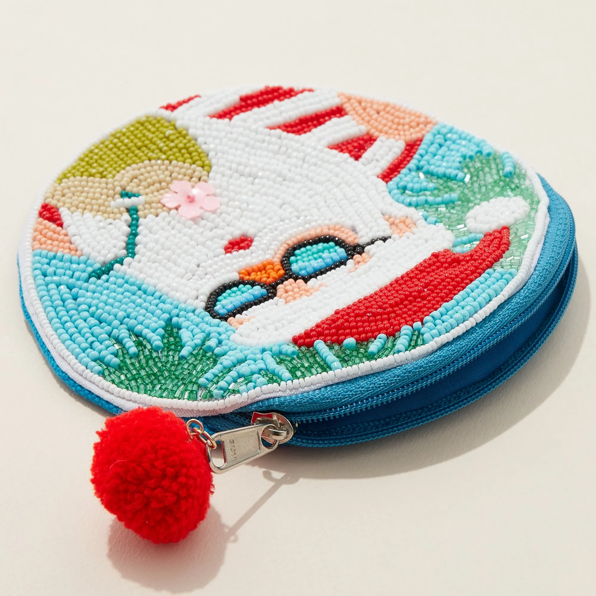 Santa on the Beach Seed Bead Round Canvas Pouch